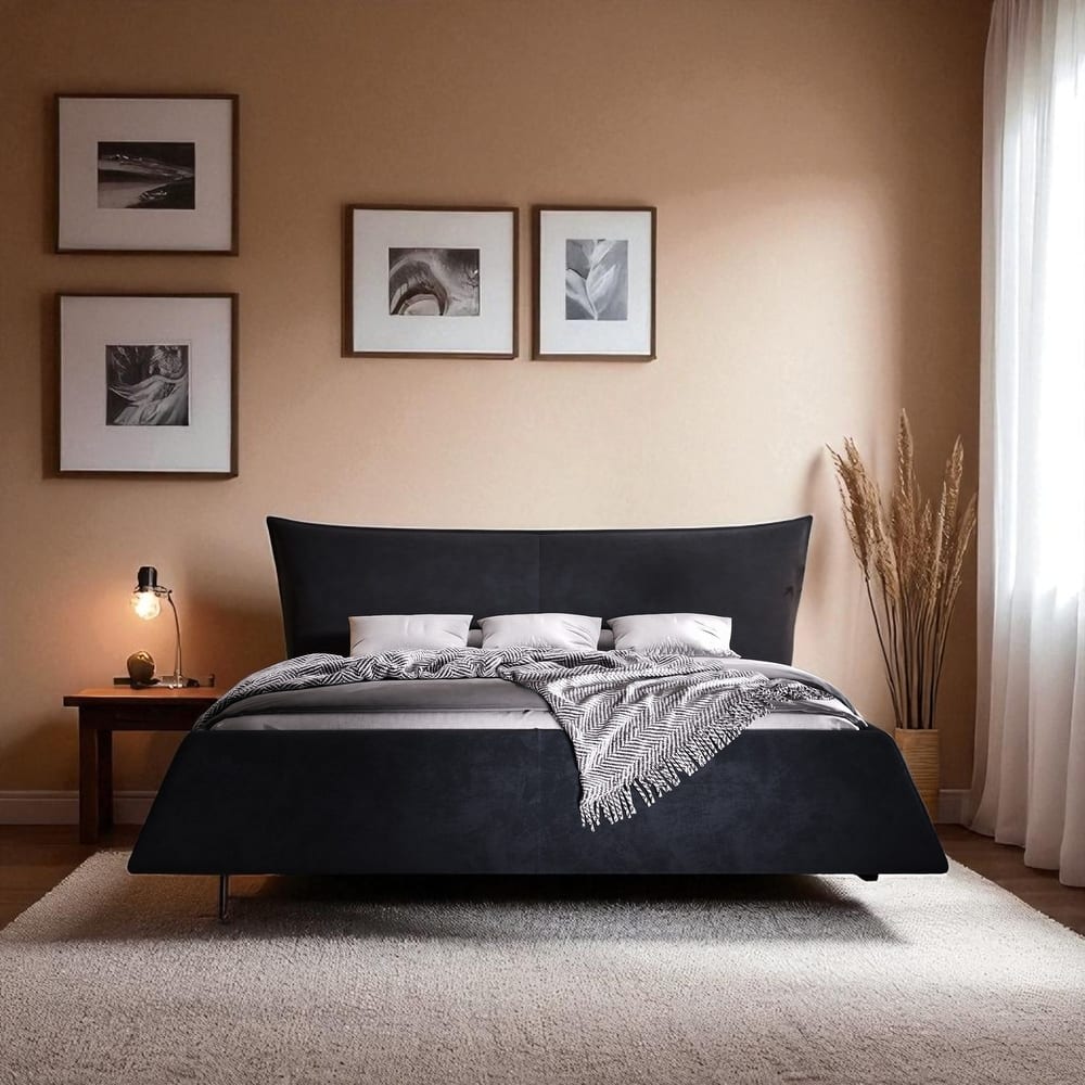 Queen/King Size Upholstered Platform Bed with Oversized Velvet Headboard, Solid Wood & Metal Frame, No Box Spring Needed