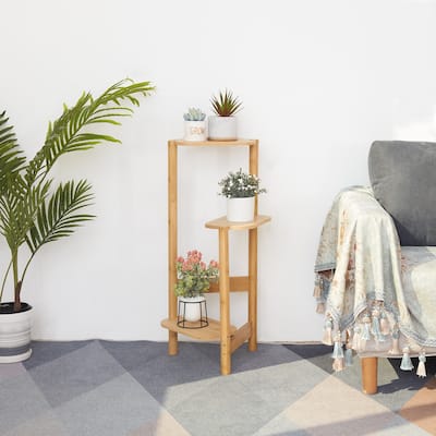3 Tiers Ladder Triple Plant Stand Corner Bamboo Plant Shelf Rack