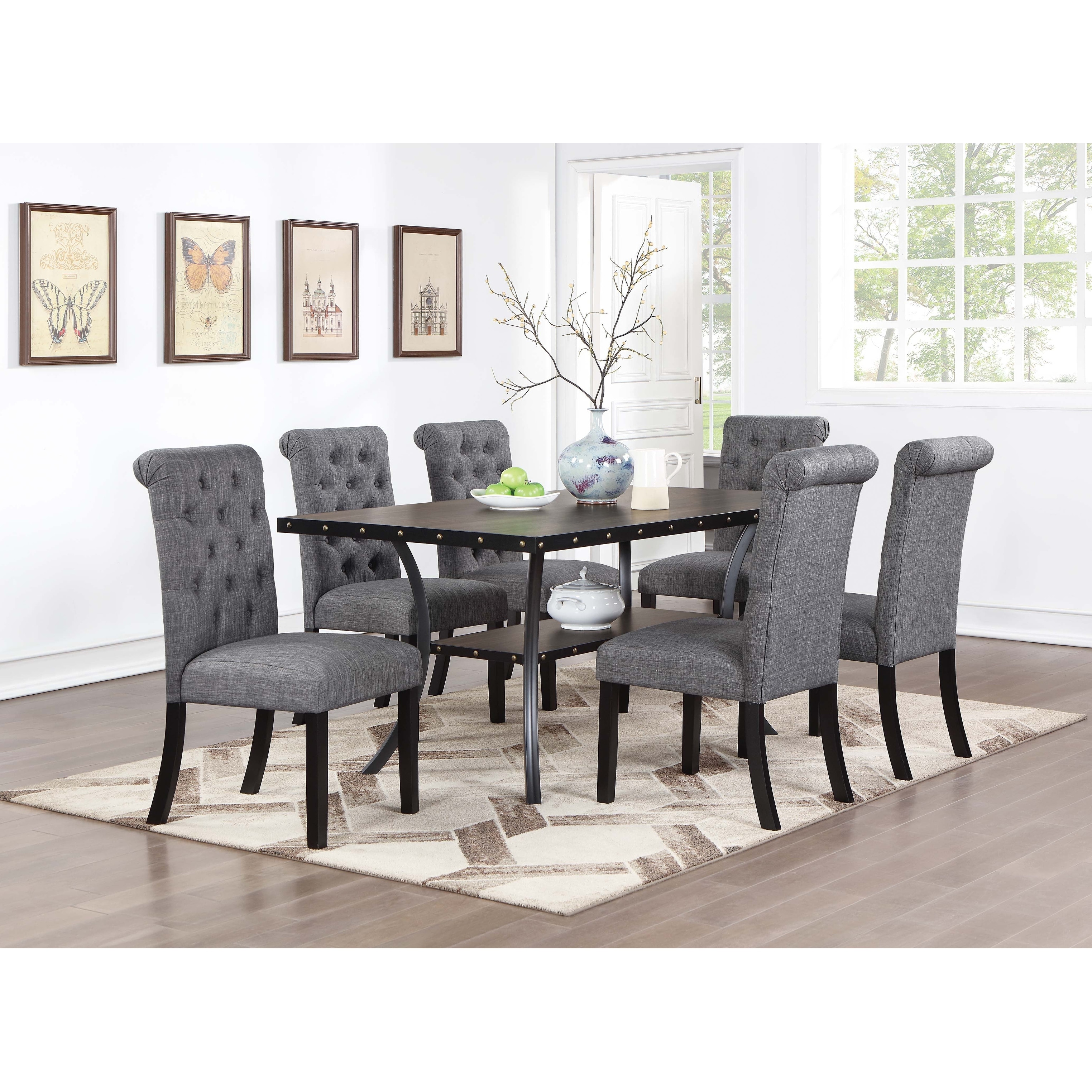 7pc Dining Table Set Rectangle Table Open Shelf Charcoal Finish