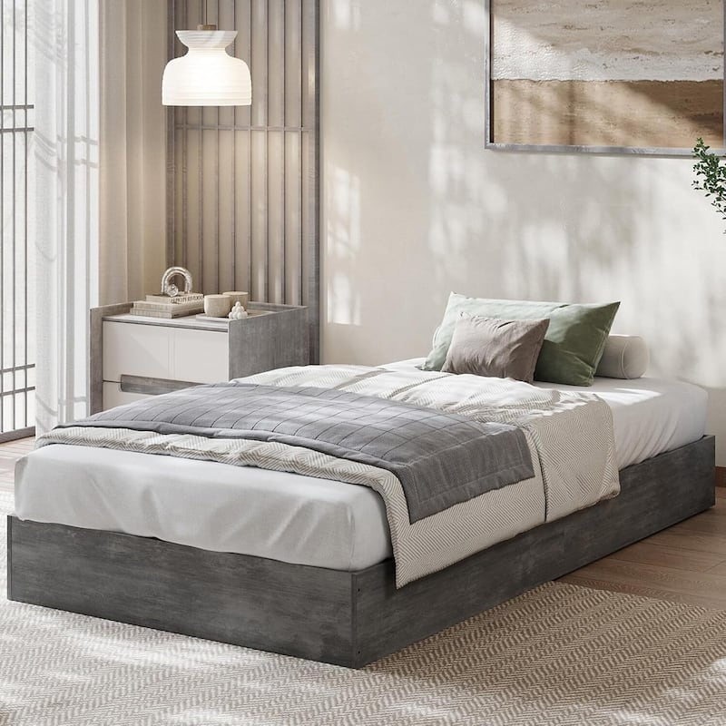 Space-Saving Sturdy Floor-Standing Platform Bed Frame, No Box Spring Needed, Black Grey - Twin