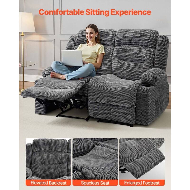 Grey Corduroy Recliner Loveseat with Vibration Massage, Lumbar Heat and USB Ports - 63 x 37 x 42.9 in