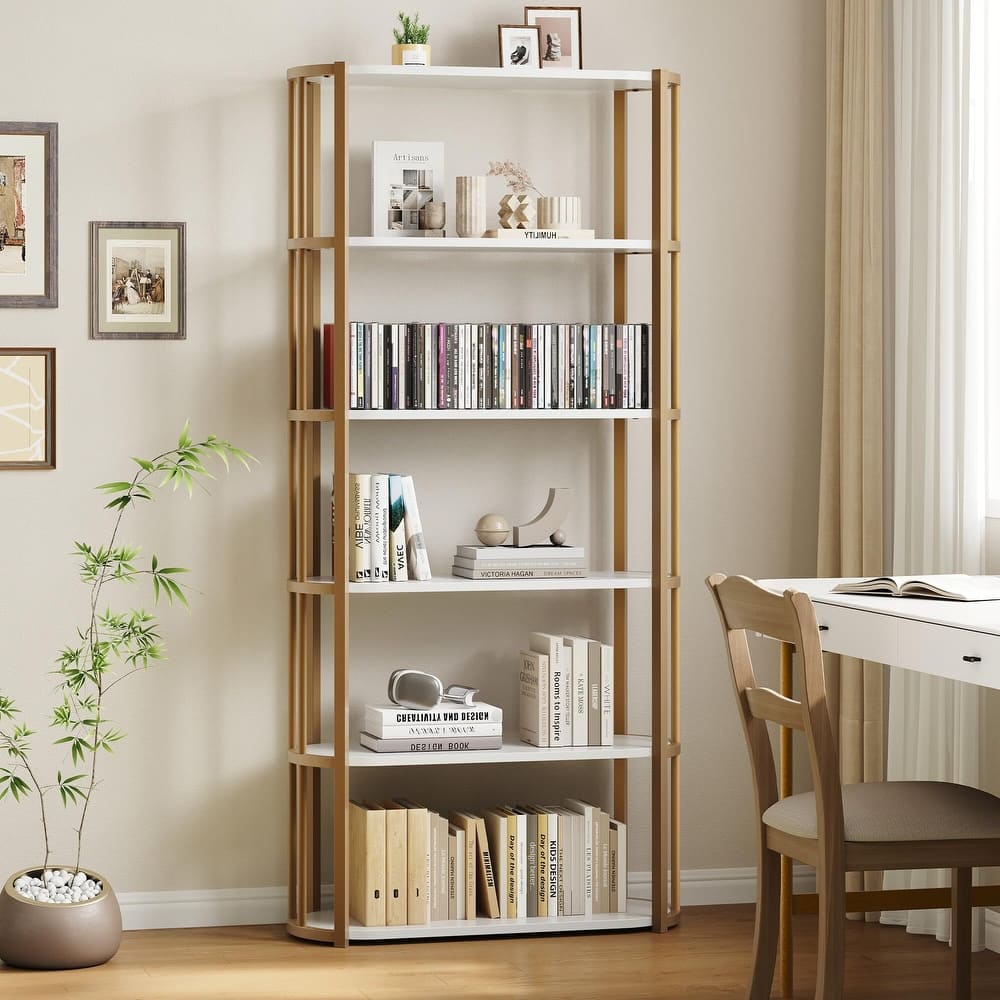 71 Inch Industrial Wooden Bookshelf - 6 Tier Tall Bookcase, Metal Frame Large Storage Shelf