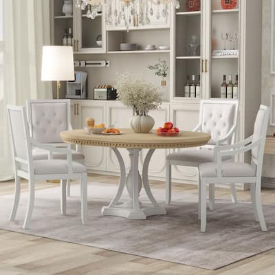 5-Piece Dining Set Extendable Round Dining Table and 4 Upholstered Back Chairs for Kitchen Dining Room