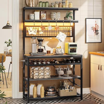 Bakers Rack with Power Outlet, 6-Tier Coffee Bar, Microwave Stand with Wine Rack, LED Lights & 10 Hooks, for Kitchens