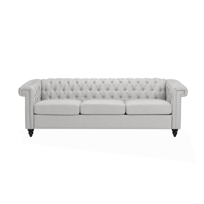 Sofa, 3 Seater, Button Tufted Gray Fabric, 83 Inch, Flared Rolled Arms