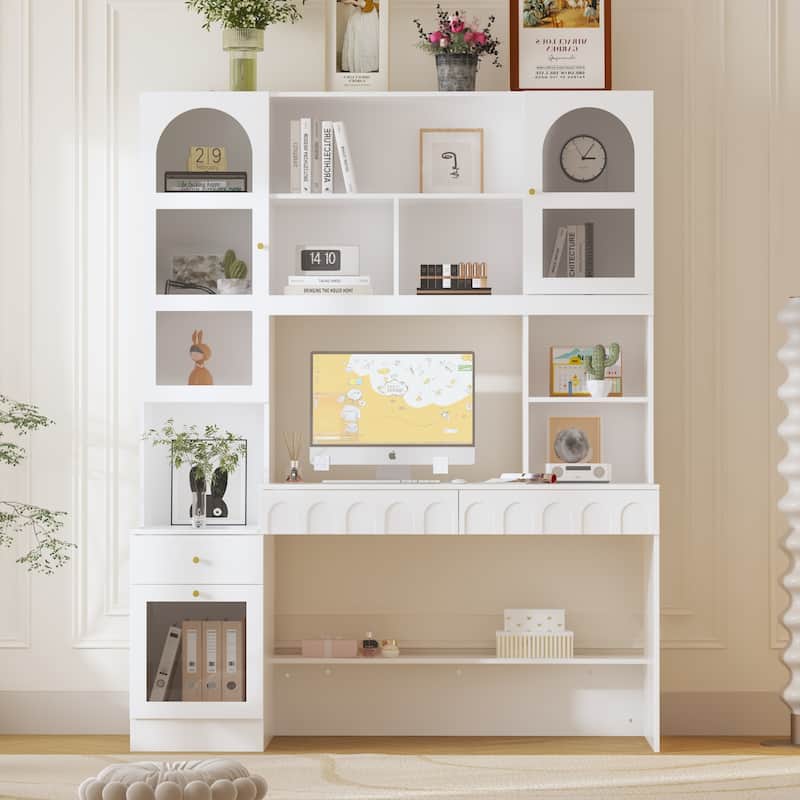 Multi-Tier Bookcase Built-In Desk - Space-Saving Design Home or Office