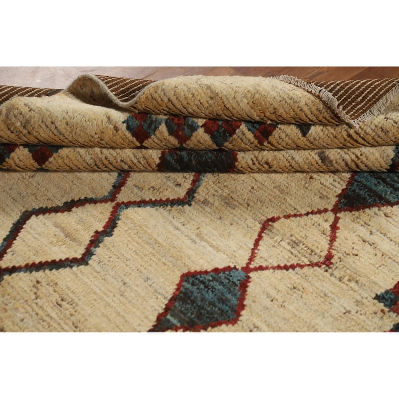Geometric Moroccan Oriental Area Rug Hand-Knotted Beige Wool Carpet - 6'6" x 9'7"