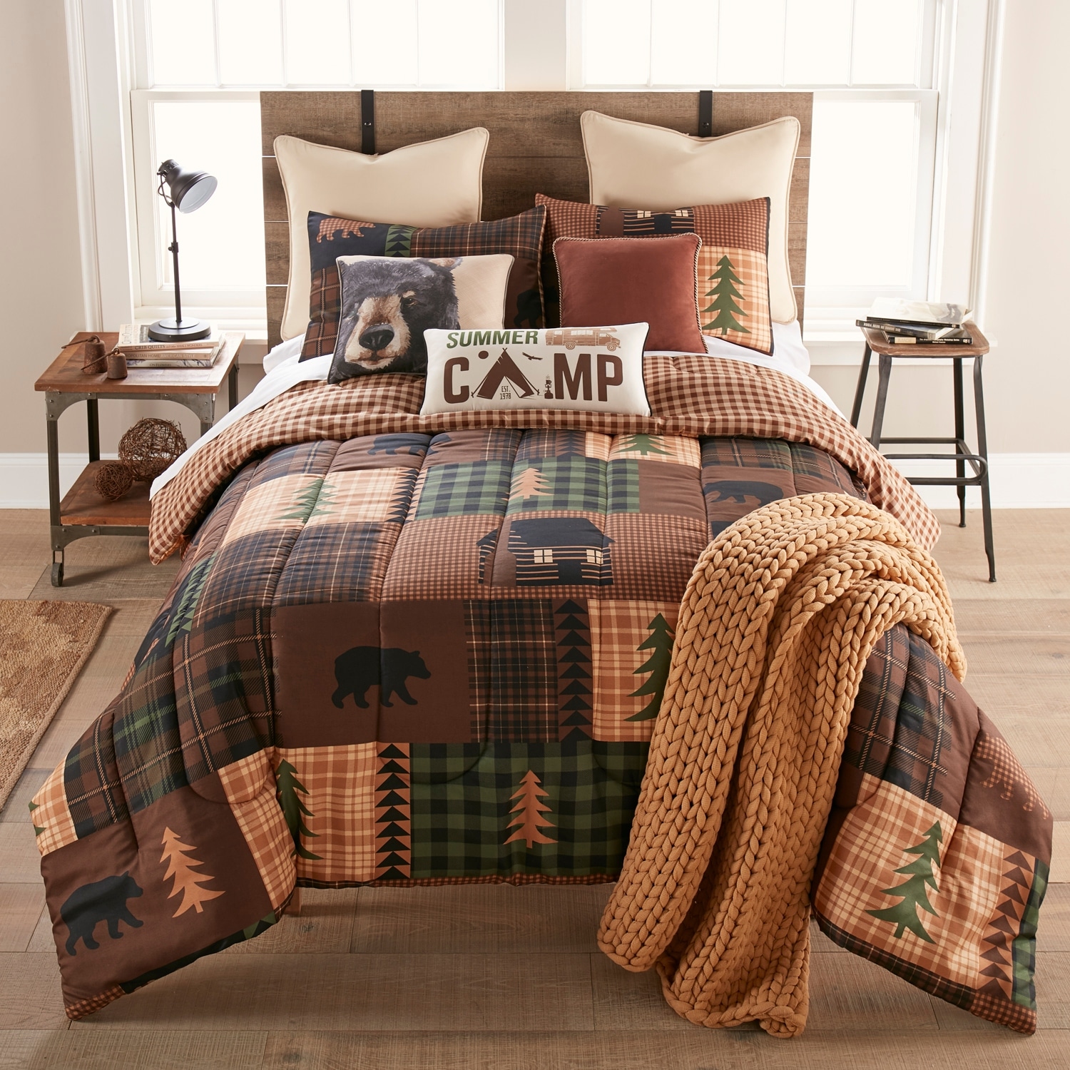 King or Queen Comforter Set Bedding Brown Bear Rustic Lodge Cabin Sheets 7 PC 