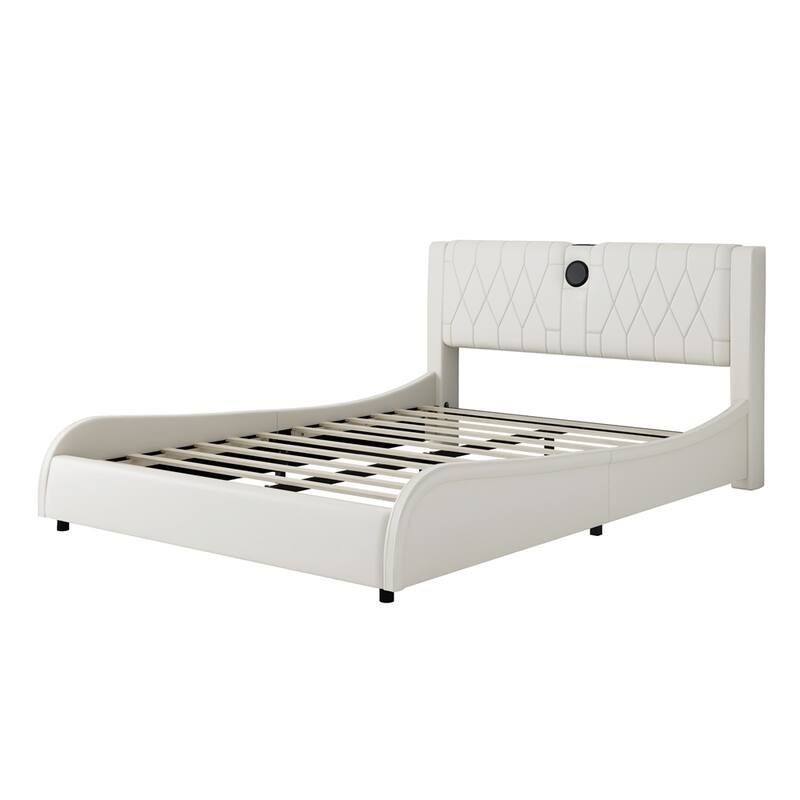 Luxurious Faux Leather Upholstered Platform Bed with Bluetooth Speakers and RGB LED Light