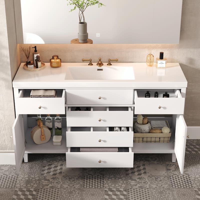 60" Bathroom Vanity with SMC Sink - Modern Large Storage Cabinet with Soft Close Drawers and Rattan Doors