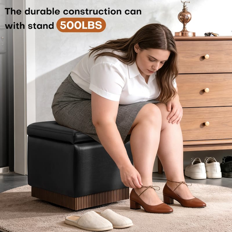 Swivel Storage Ottoman Bench Footstool with Flip-top and Acacia Frame