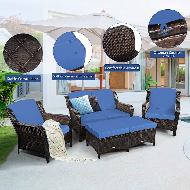 5 Pieces Patio Rattan Sofa Set with Cushion and Ottoman - 51" x 33.5" x 33" (L x W x H)
