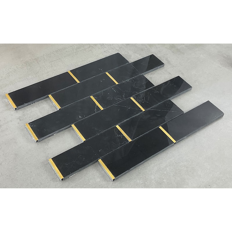 Nero Marquina and Gold Metal Brick Marble Wall and Floor Mosaic - Case (10 Sheets)