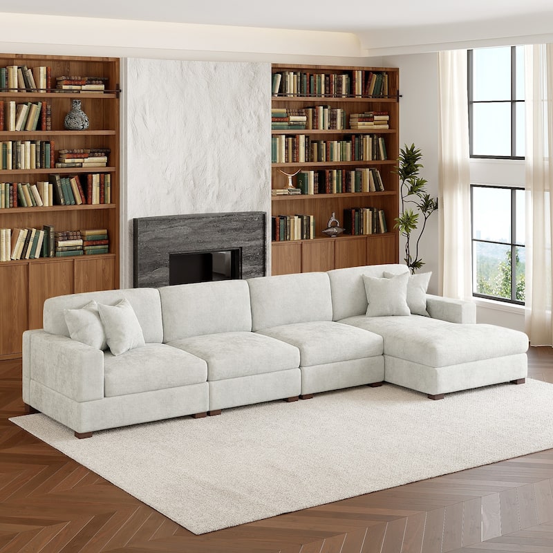 Modern Oversized Chenille Modular Sectional Sofa With Chaise - Off-White/4 Piece - Right Facing