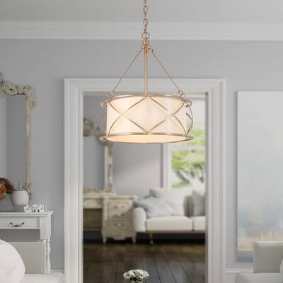 Modern Farmhouse Gold Drum Lantern Chandelier 3-light Classic Candle Metal Frame Ceiling Light with Fabric Shade - D15.5"x H 80"