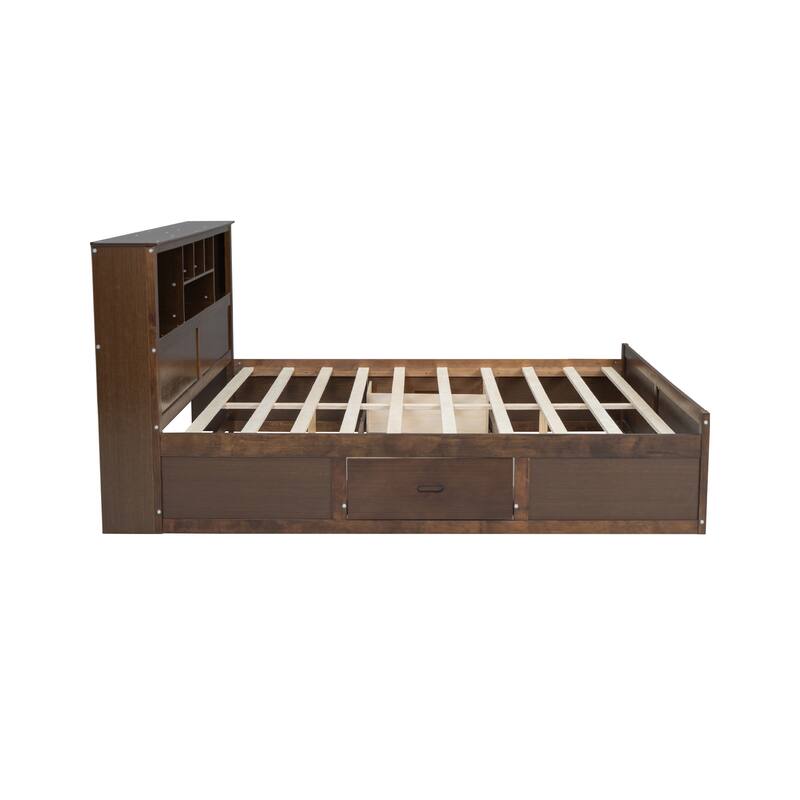 King Size Wood Platform Bed with Bookcase Headboard Built-in Charging Station, Bookcase Captain's Bed with Drawers on Both Sides
