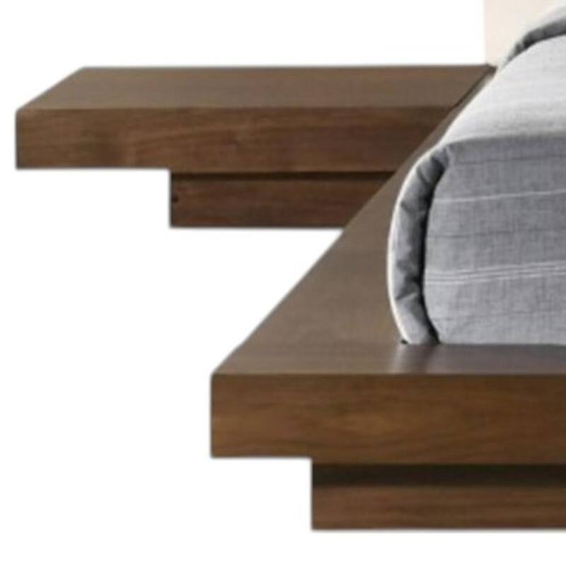 HomeRoots Walnut and White Wood And Faux Leather Queen Bed Frame With Attached Nightstands