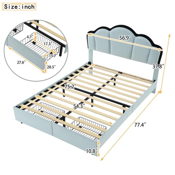 dimension image slide 1 of 2, Upholstered Princess Platform Bed with LED and 2 Storage Drawers