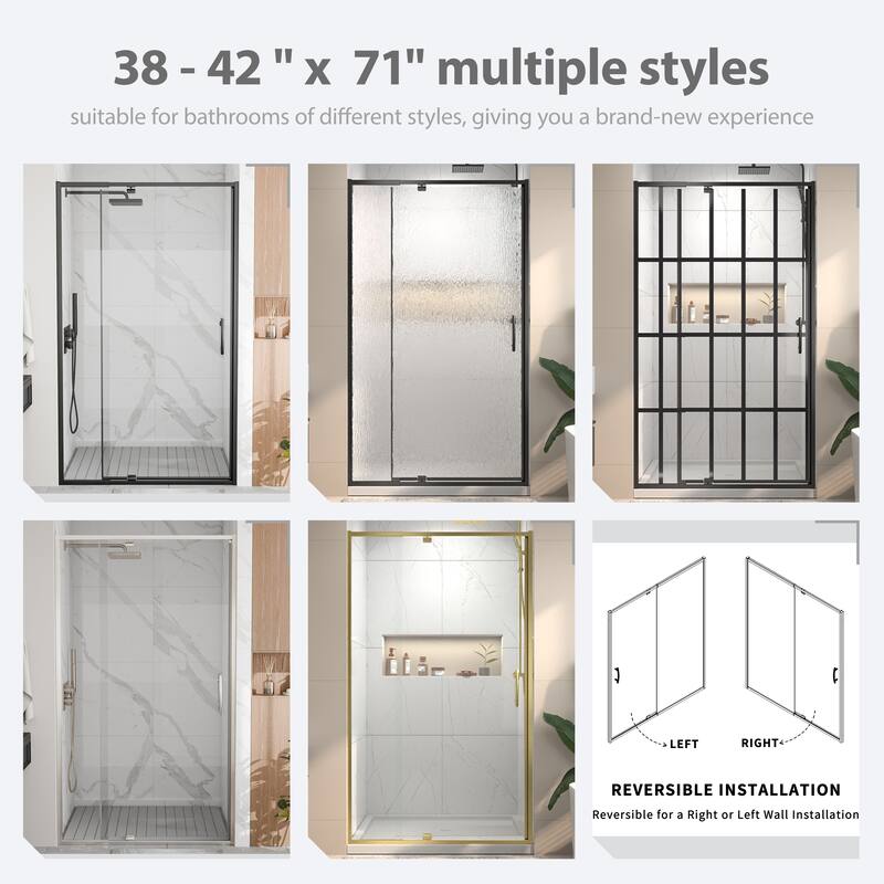 Modland 38-42"x71'' Adjustable Pivot Shower Door - Auto-Lift Hinge, Magnetic Seal, 5 Finishes for Uneven Walls - 42''x 71''