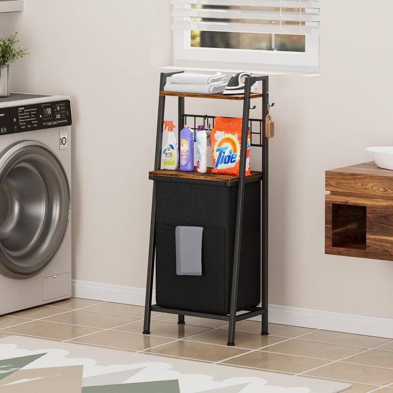 2 Tiers Laundry Hamper with Wooden Shelf and Hooks, ertical Laundry Basket with Pull-Out and Removable Bag
