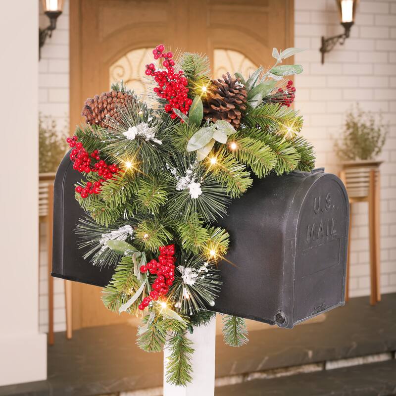 Puleo International 36 in. x 16 in. Pre-Lit Decorated Mailbox Cover - Polyester - Green