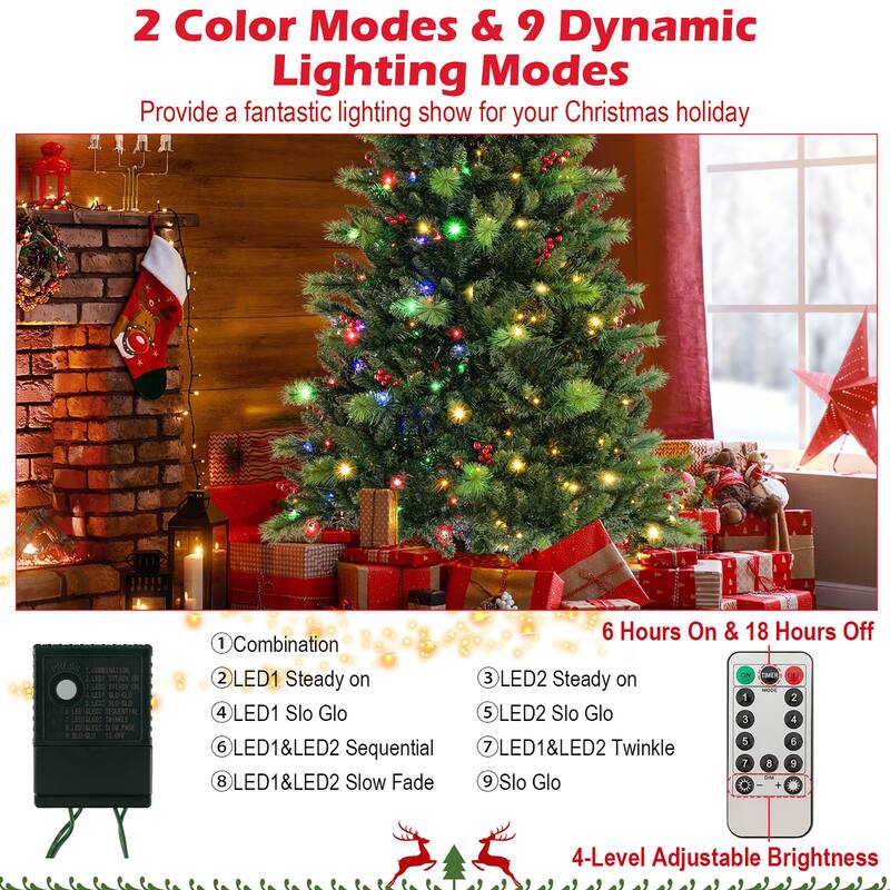Gymax 7 FT Pre-Lit Artificial Christmas Tree w/ 974 Branch Tips & 400