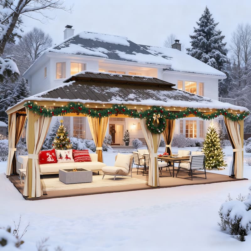 Outdoor Galvanized Steel Roof Gazebo Pergola w Wooden Coated Alumninum Frame, Privacy Curtains and Nettings Include