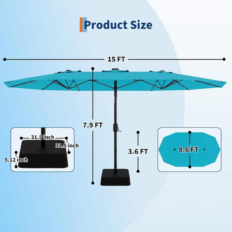 15FT Rectangular Patio Umbrella with Solar Lights & Base Included - Large Patio Umbrella with Crank Handle, UV