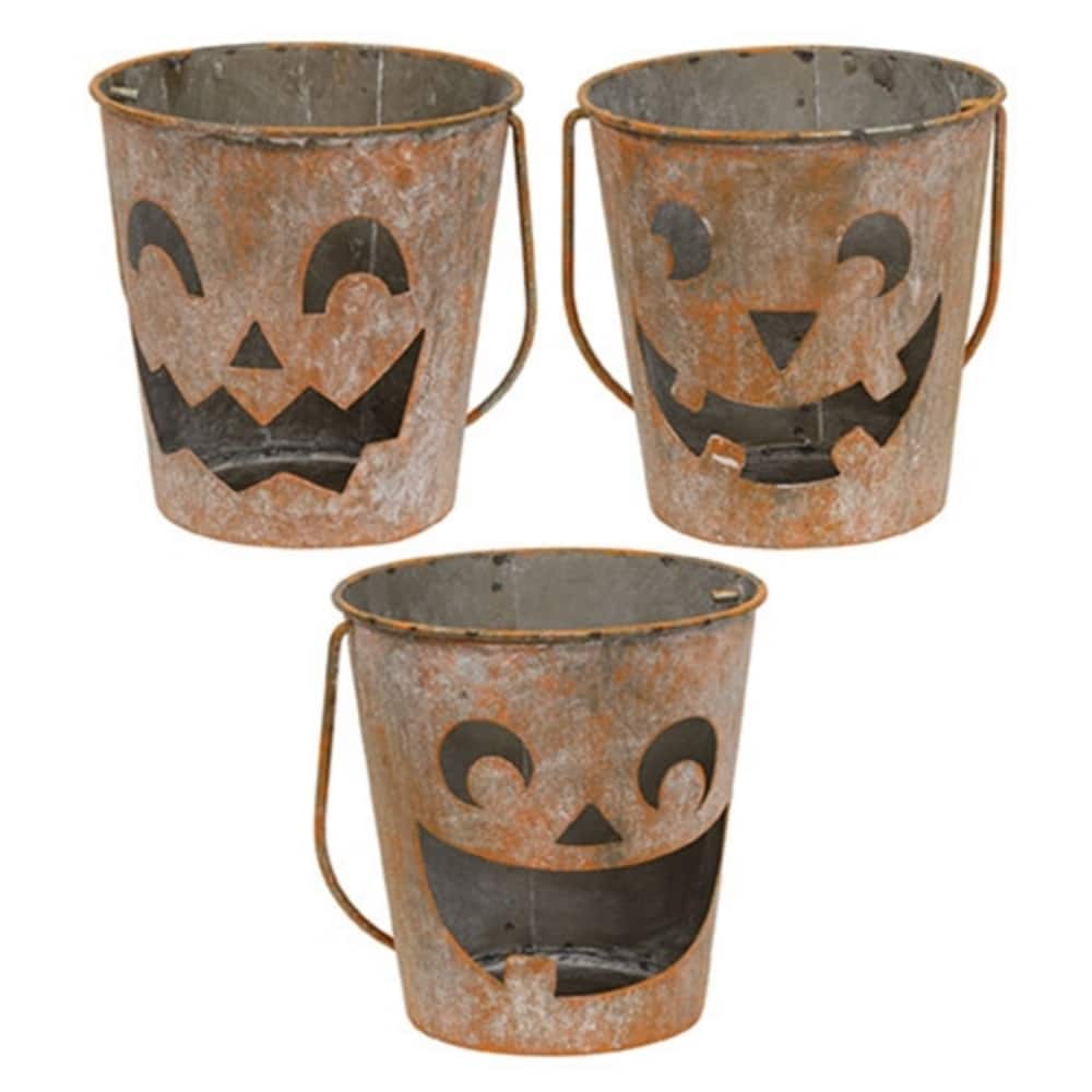 Distressed Whitewashed Orange Metal Jack O’ Lantern Luminary Buckets, 3 Asstd - Distressed Whitewashed Orange