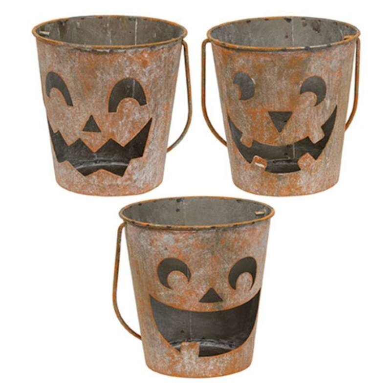 Distressed Whitewashed Orange Metal Jack O’ Lantern Luminary Buckets, 3 Asstd - Distressed Whitewashed Orange - Distressed Whitewashed Orange