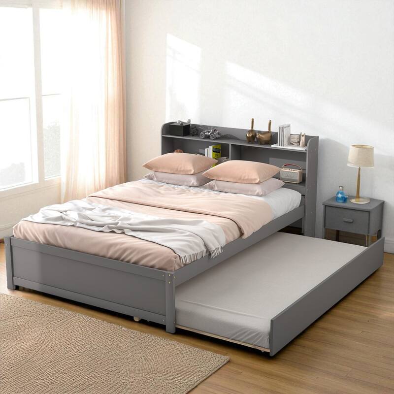 Twin/Full Bed Frame with Pull-Out Trundle and Bookcase Headboard, No Box Spring Needed