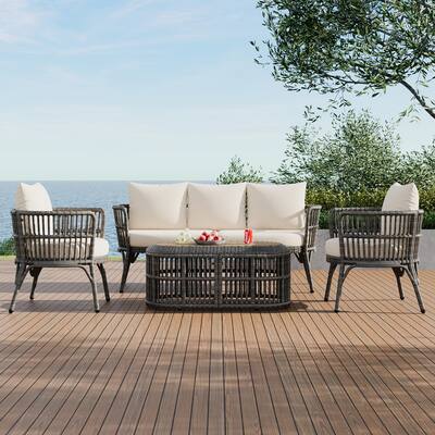Retro Style 4-piece Outdoor Patio Conversation Set Furniture Set Sectional Sofa Seating Group Set