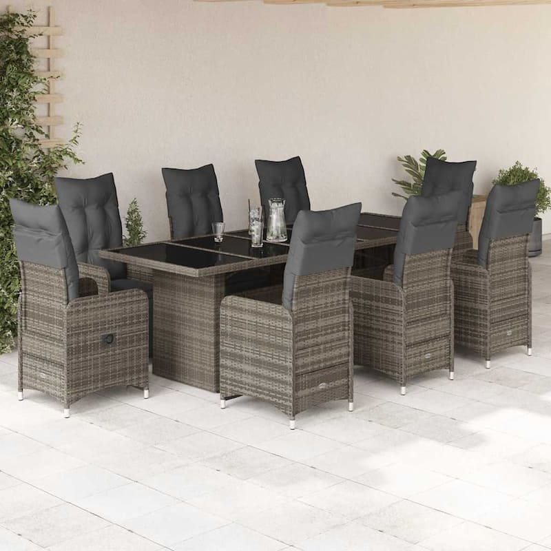 vidaXL Bistro Set Grey Poly Rattan 8-seater Adjustable Footrests - Gray
