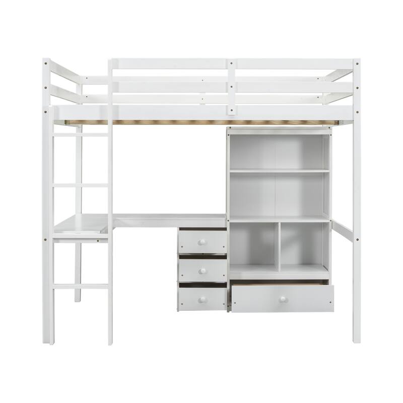 Full Size Loft Wood Bed with Desk, Storage Shelves, Drawers, and Built-in Ladder, White