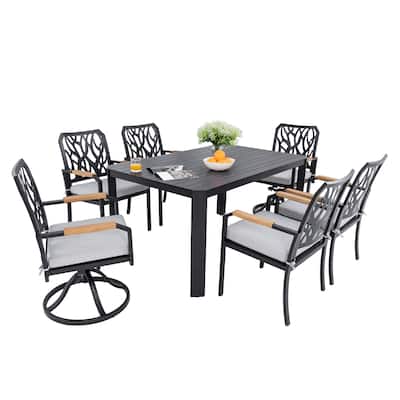7-Piece Patio Dining Set - Table with Umbrella Hole, 4 Chairs and 2 Swivel Rockers, Bourbon Brown - 59" D x 37.4" W x 28.7" H