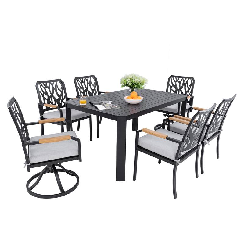 7PC Outdoor Aluminum Dining Furniture Set with 4 Dining Chairs and 2 Swivel Rockers, Rectangular Dining Table with Umbrella Hole - Ember Black