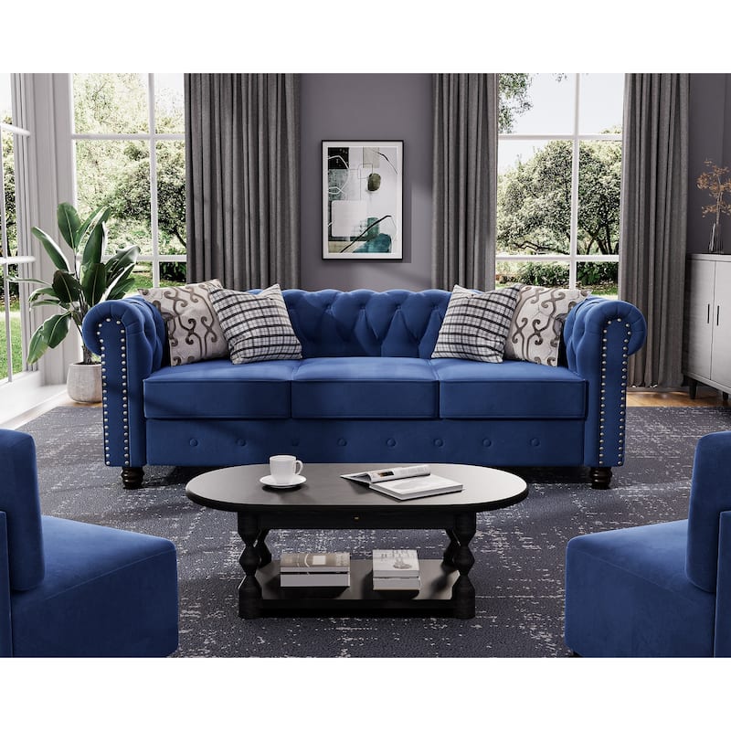 Classic Tufted Velvet Upholstered Chesterfield Club Chair and Sofa 2 Pieces with Nailhead for Living Room by Morden Fort