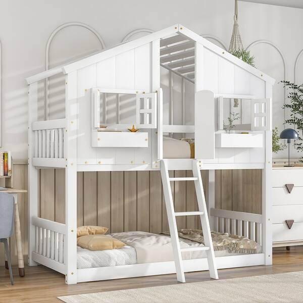 slide 2 of 18, Twin Over Twin Pine Wood House Bunk Bed Frame with Roof, Window, Door, Safety Guardrails, Ladder, No Need Spring Box White - Twin