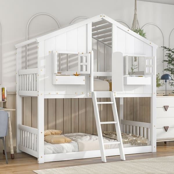 slide 2 of 9, White Twin over Twin Wood House Bunk Bed with Roof and Ladder White