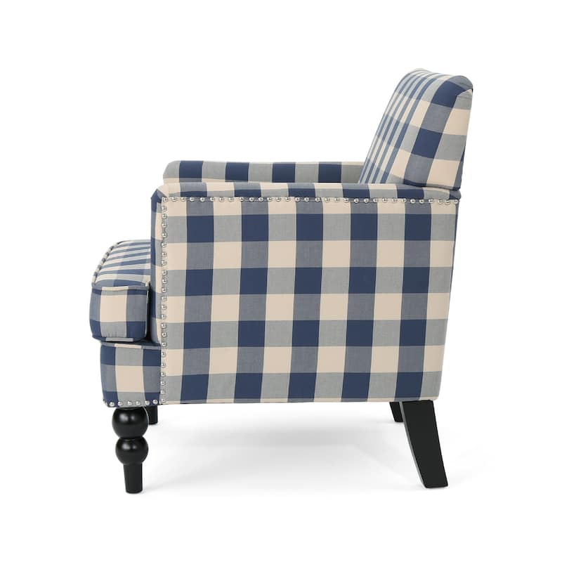 Lit Club Accent Chair with Turned Legs, Blue Black and Cream Fabric