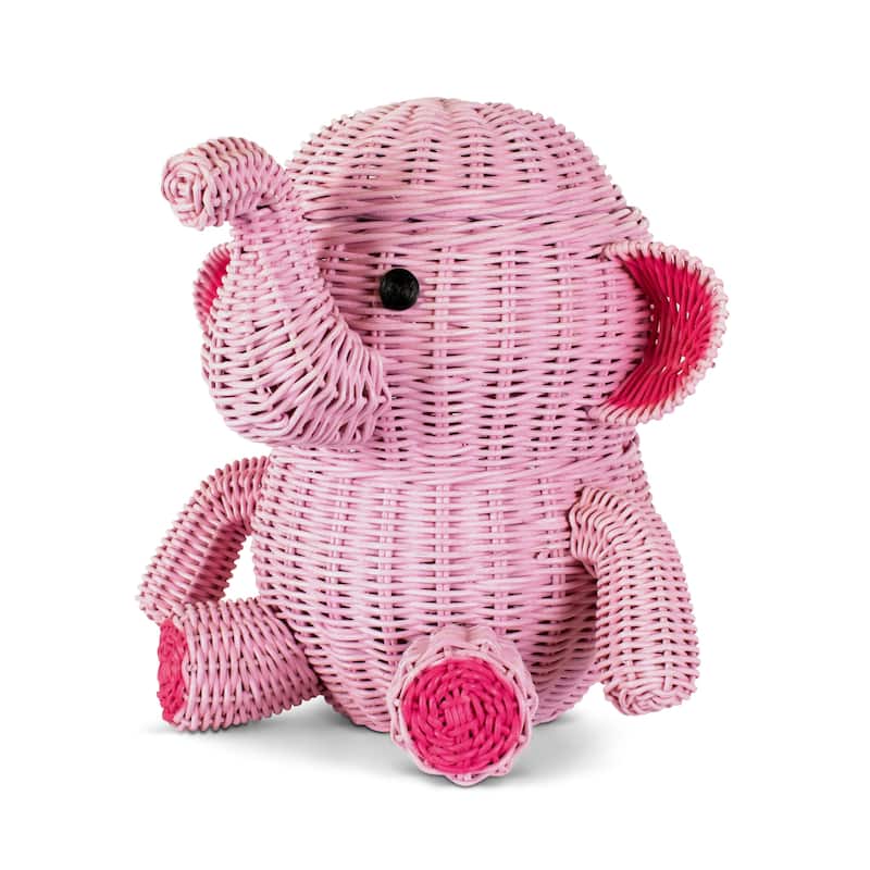 Large Pink Elephant Rattan Storage Basket with Lid Decorative Home Decor Hand Woven Shelf Organizer Cute Handmade Gift