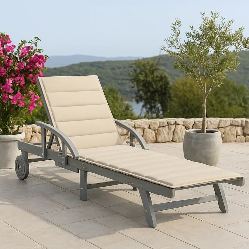 Kaye Outdoor Sun Lounger, 79 Inch Gray Acacia Wood, Cream Polyester