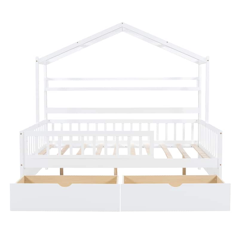 Full Size House Bed with 2 Drawers and Shelf, Sturdy Wooden Frame for Kids Play and Sleep