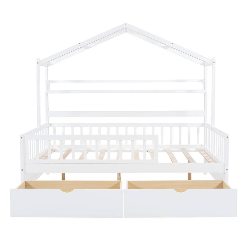 Pine House Bed with Roof, Drawers, and Shelf