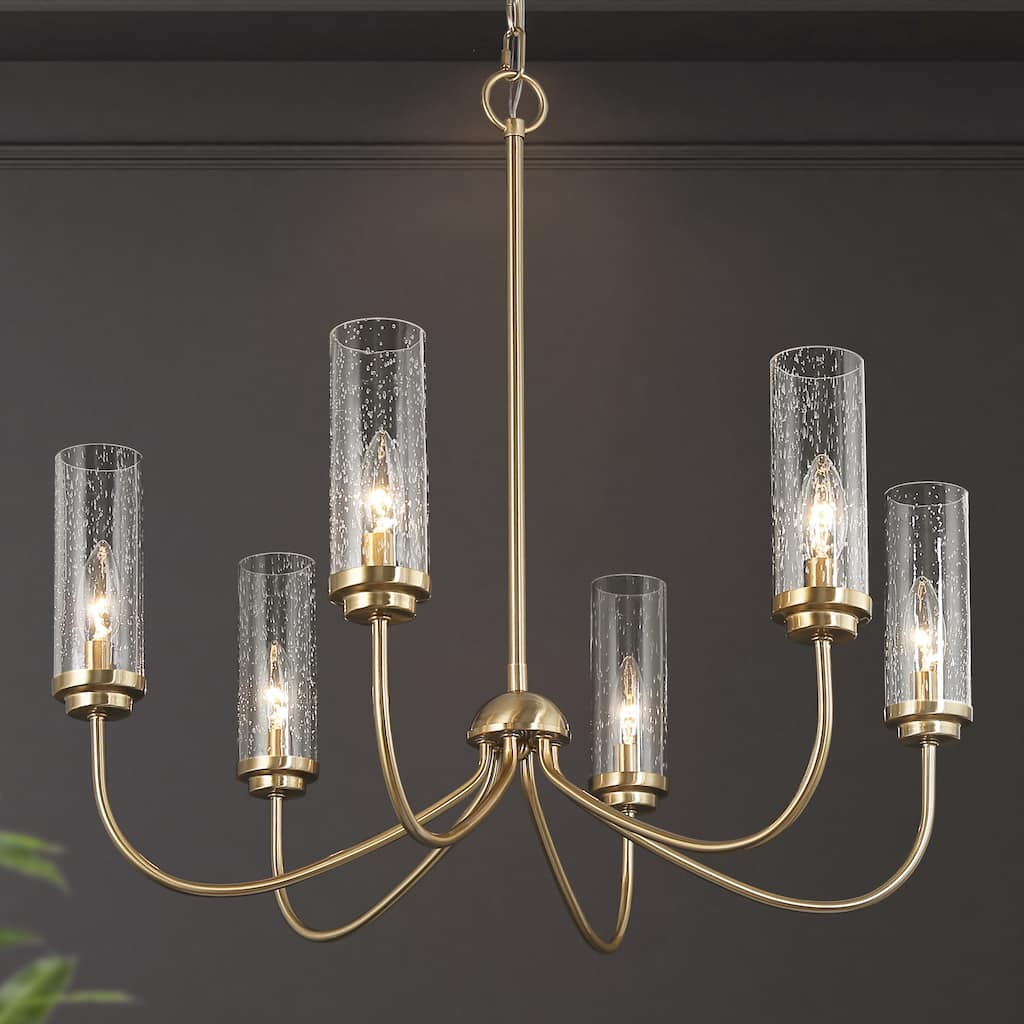 Kayna Mid-Century Modern 6-Light Gold Wheel Glass Chandelier for Dining Room - 25''D x 24.5''H