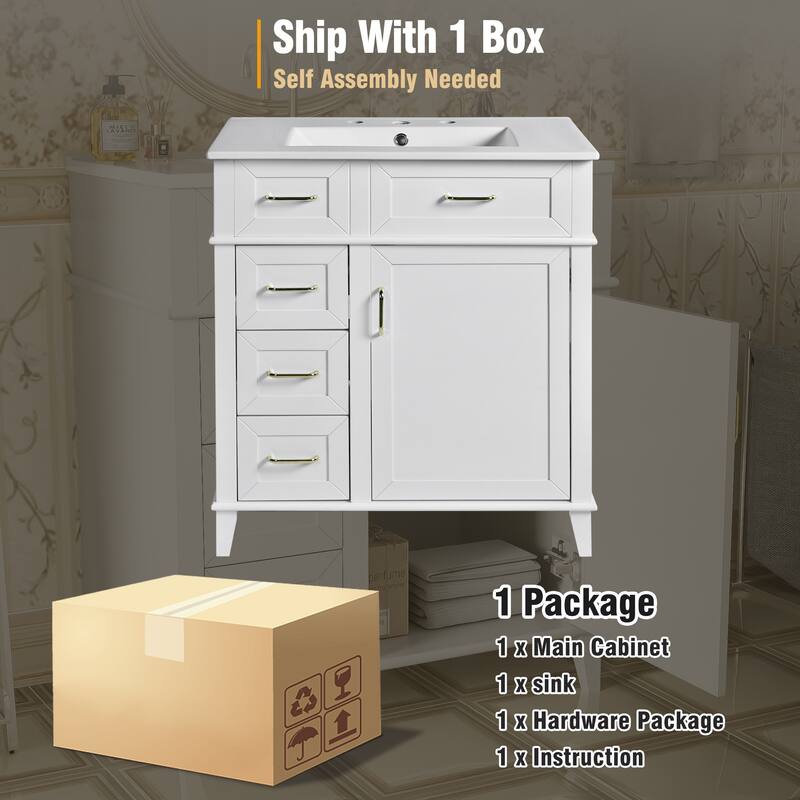 Traditional 30 Inch Bathroom Vanity with Sink, 3 Soft-Close Drawers, Adjustable Storage, Gold Hardware, Freestanding