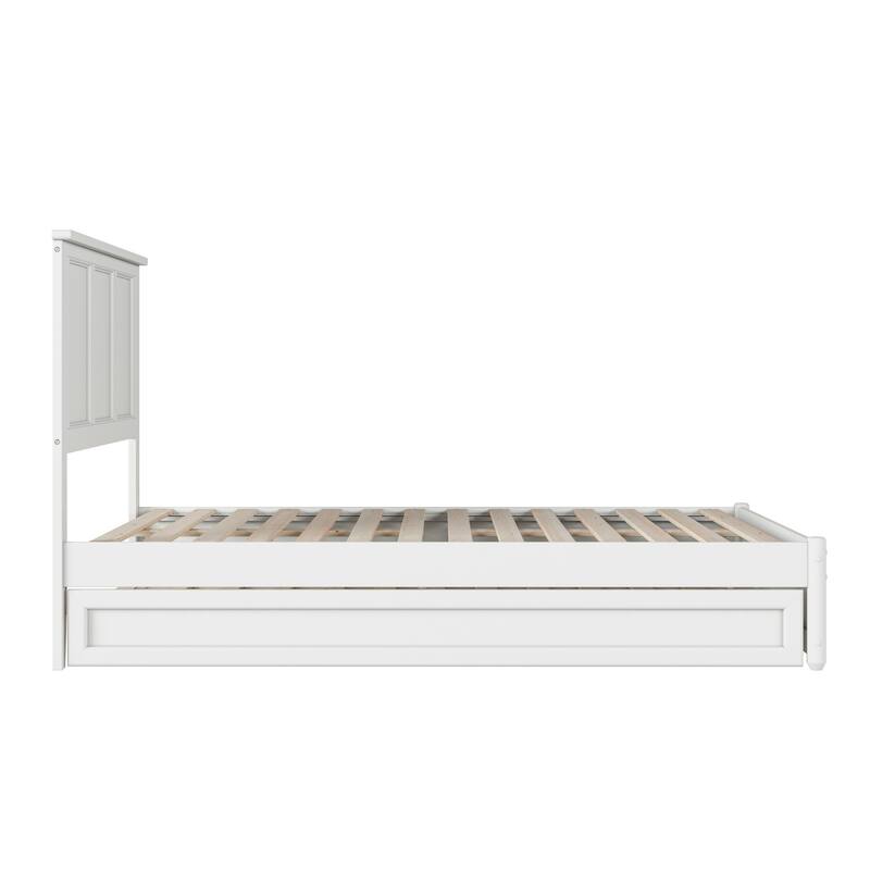 Retro Renaissance Full Platform Bed with Trundle - White Finish, Panel Footboard, Solid Wood Frame
