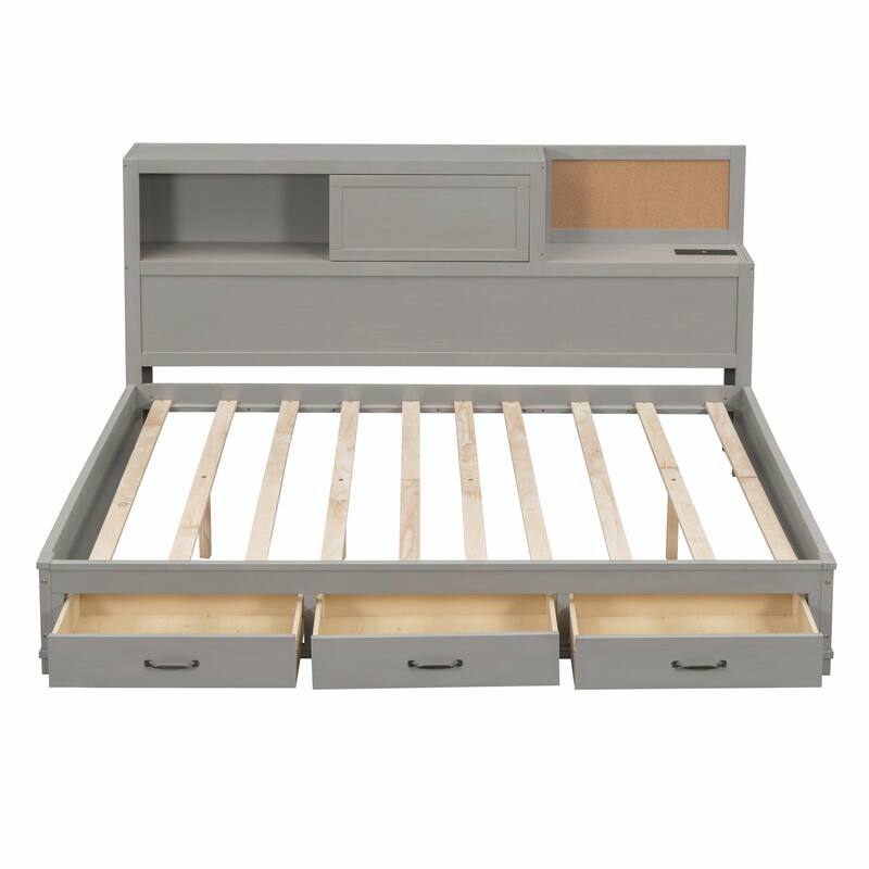 Wooden Daybed with Storage Drawers, Soft Board, Shelf, Sockets, USB Ports