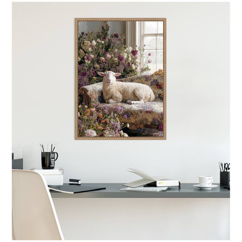 Kate and Laurel Cute Sheep in Romantic Flowers by Michael Schauer Framed Canvas Wall Art Print