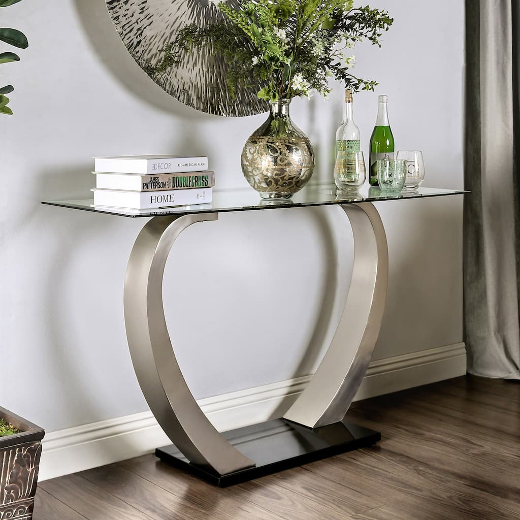 Strick & Bolton Cy Contemporary Satin Plated 48-inch Glass Top Accent Sofa Table by Furniture of America